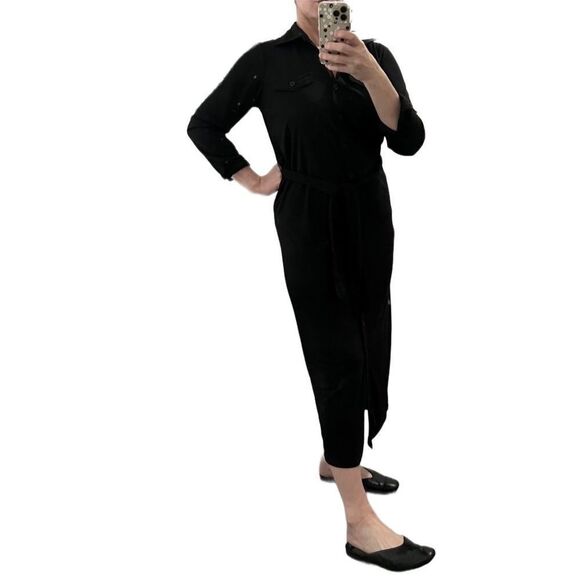 Y2K Maxi Shirt Dress Andrea Jovine Black long Sleeve Button Up Stretch Relaxed S - Picture 1 of 16